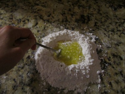 Scramble the Egg. Incorporate the Flour.