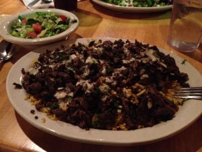 Lamb Shawerma over rice with a side salad