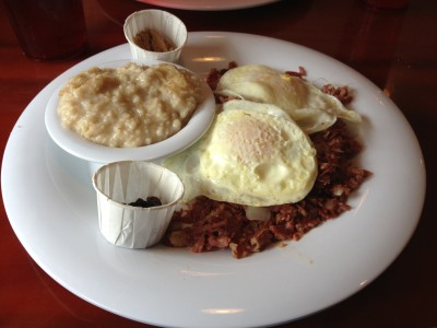 Corned beef hash, two over medium eggs, and oatmeal...yum!