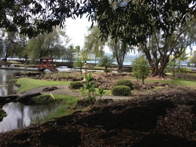 Pond, trees, and bridges in Liliuokalani Gardens.