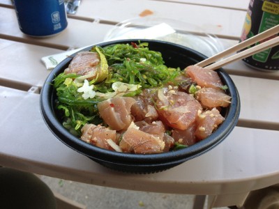 Mackerel Hawaiian Poke over White Rice with Seaweed Salad