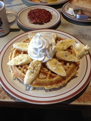 The Banana & Macadamia Nut Waffle at Ken's House of Pancakes. Corned beef hash on the side.