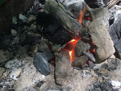 Railroad spike heating in the forge for my biggest taper to date.