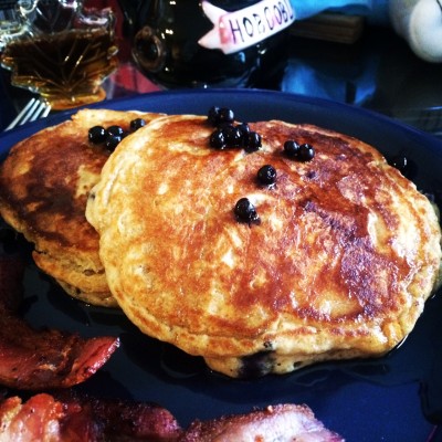 Blueberry pancakes with maple syrup...Mmmmmm...